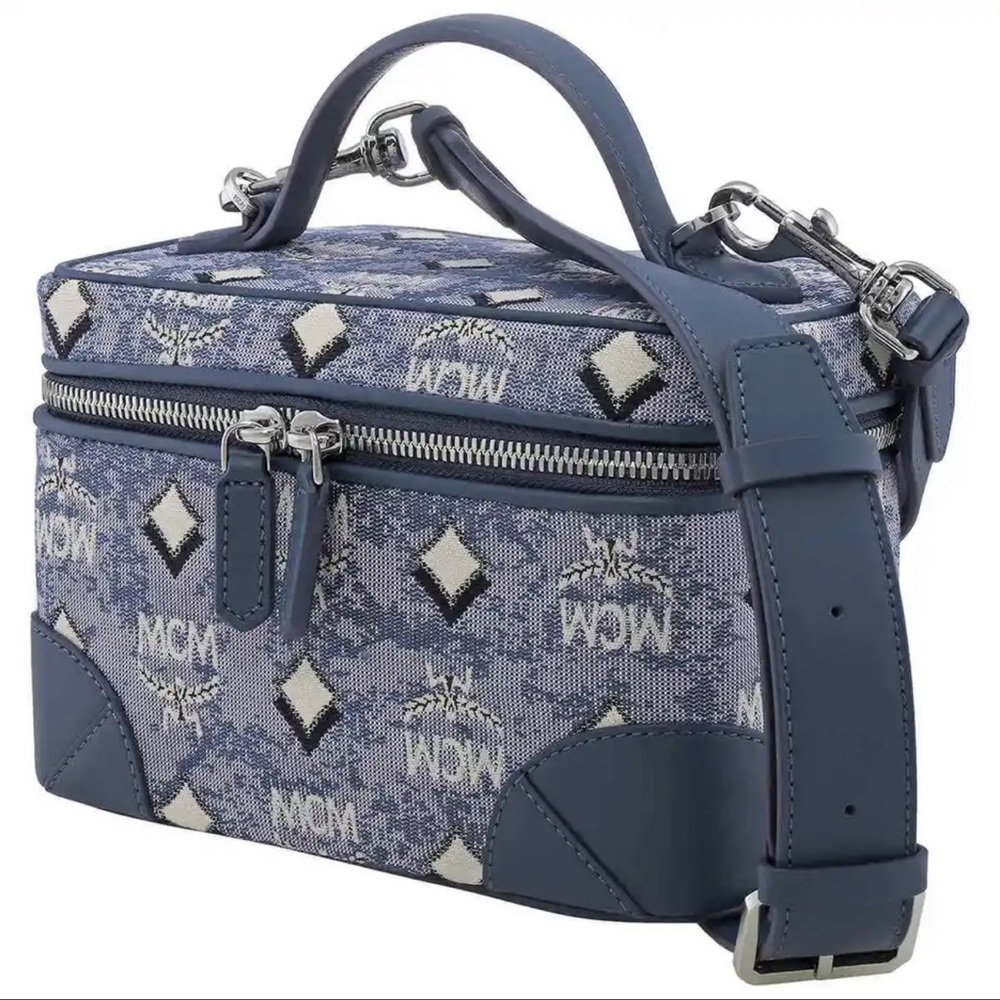 MCM Blue Logo Monogram Crossbody Vanity Case